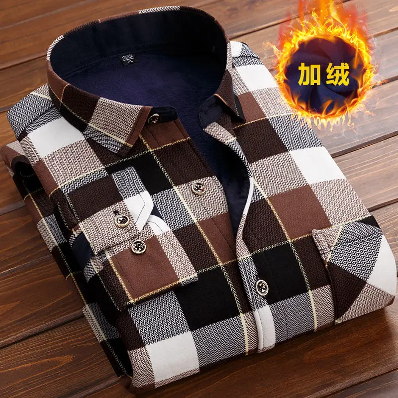 New Autumn Winter Men Fleece Shirt Fashion Plaid Thick Keep Warm Shirt Male Print Long Sleeve Business Big size L-6XL