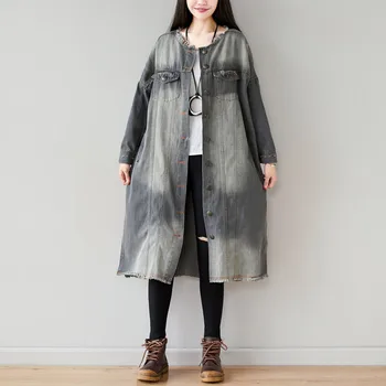 

NINI WONDERLAND 2019 Autumn Denim Trench Coat Women Tassels Cowboy Do Old Loose Coat Female Casual Outerwear Cardigan Large Size