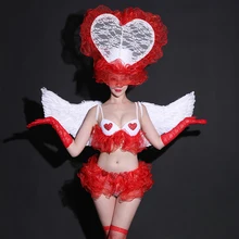 Фестиваль наряд бар Ds День Святого Валентина костюмы ночной клуб сексуальный Gogo Pold танцевальный костюм красный бикини белые крылья рейв одежда DN4877