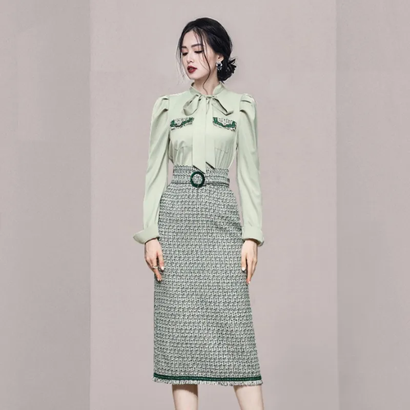 

New Autumn Winter Elegant Women Two Piece Set Puff Sleeve Bow Shirt Top+Hight Waist Tweed Woolen Sheath Long Skirt Suit