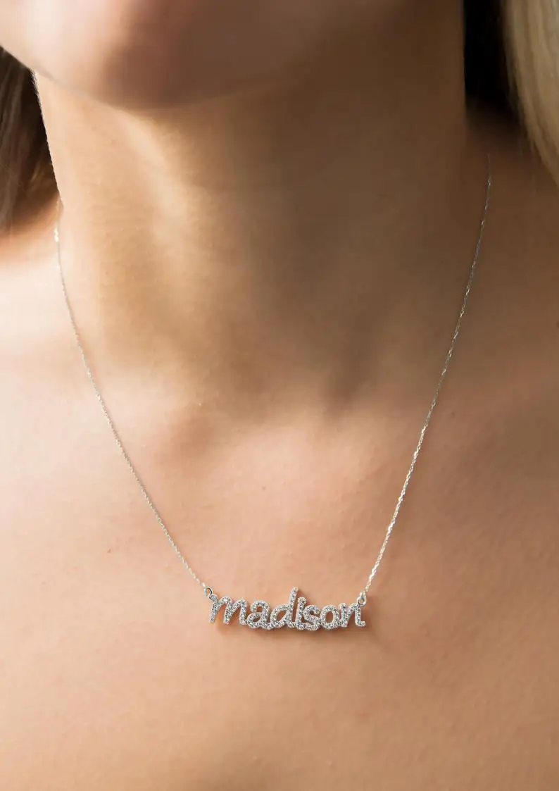

Personalized Name Necklace CZ Stone or Diamond Option Option Name with Rhinestone