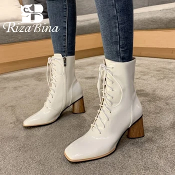 

RIZABINA Women High Heel Boots Real Leather Strange Heel Zipper Woman Ankle Boots Fashion Winter Shoes Women Size 34-40