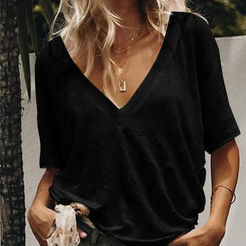 S-5XL Summer Solid T Shirt Ladies Sexy V Neck Short Sleeve Tshirt Casual Loose Basic Black White T-Shirt Tee Tops for686_voghion.com