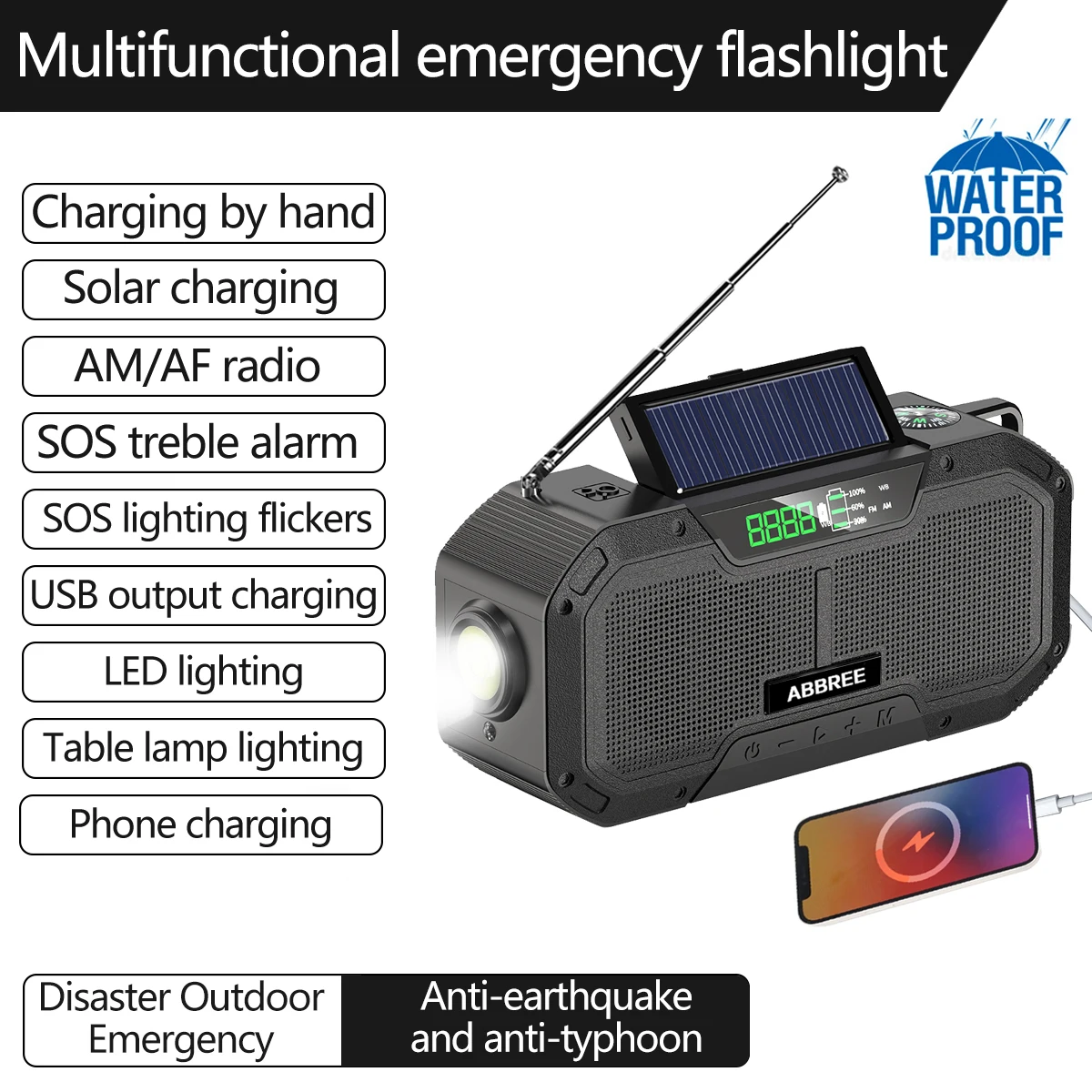 ABBREE Emergency Radio IPX5 Waterproof Auto Scan Solar Portable Radio with LED Flashlight Reading Lamp SOS Cell Phone Charger - ANKUX Tech Co., Ltd