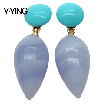 

Y·YING Natural Teardrop Blue Lace Agates Chalcedony Turquoises Drop Stud Earrings Vintage style for women