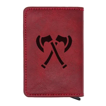 

Vintage Emblem of Fire control hatchet Design Rfid Wallet Classic Men Women Credit Card Red Leather Wallets Short Purse