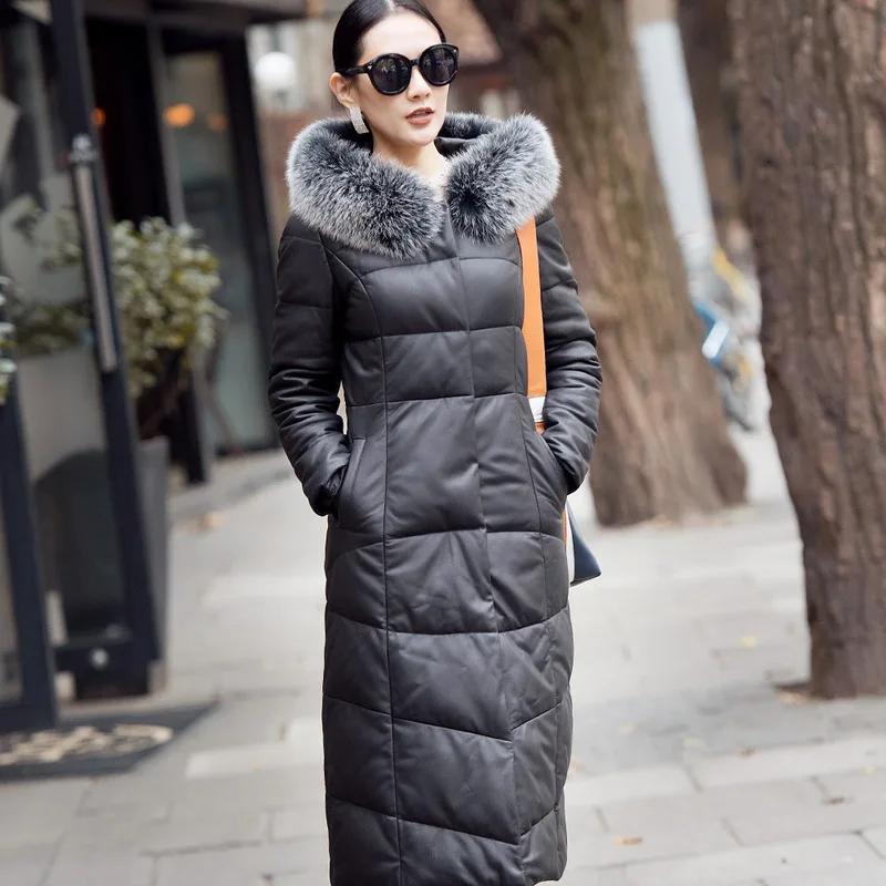 

Leather Jacket Women 2020 Winter Sheepskin Leather Jacket Real Fox Fur Collar Hooded Duck Down Coat Chaqueta Mujer F8525 YY488