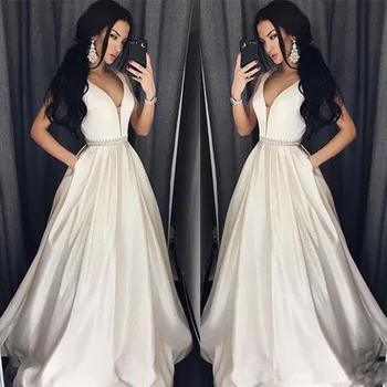 

Sexy Prom Dresses A-line Deep V-neck Beaded Long Prom Gown Evening Dresses Evening Gown