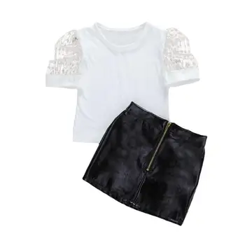 

Toddler Baby Girls 2 Piece Summer Outfits Short Puff Sleeve T-Shirt Tops + PU Leather Skirt Clothes Set 1-6Y