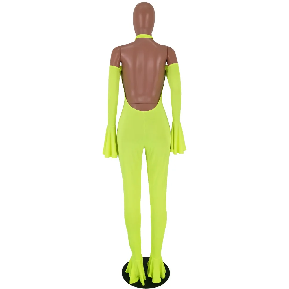 HAOYUAN Sexy Backless Rompers Womens Jumpsuit Fashion Nova Fall Body One Piece Outfits Neon Green Long Sleeve Bodycon Jumpsuit