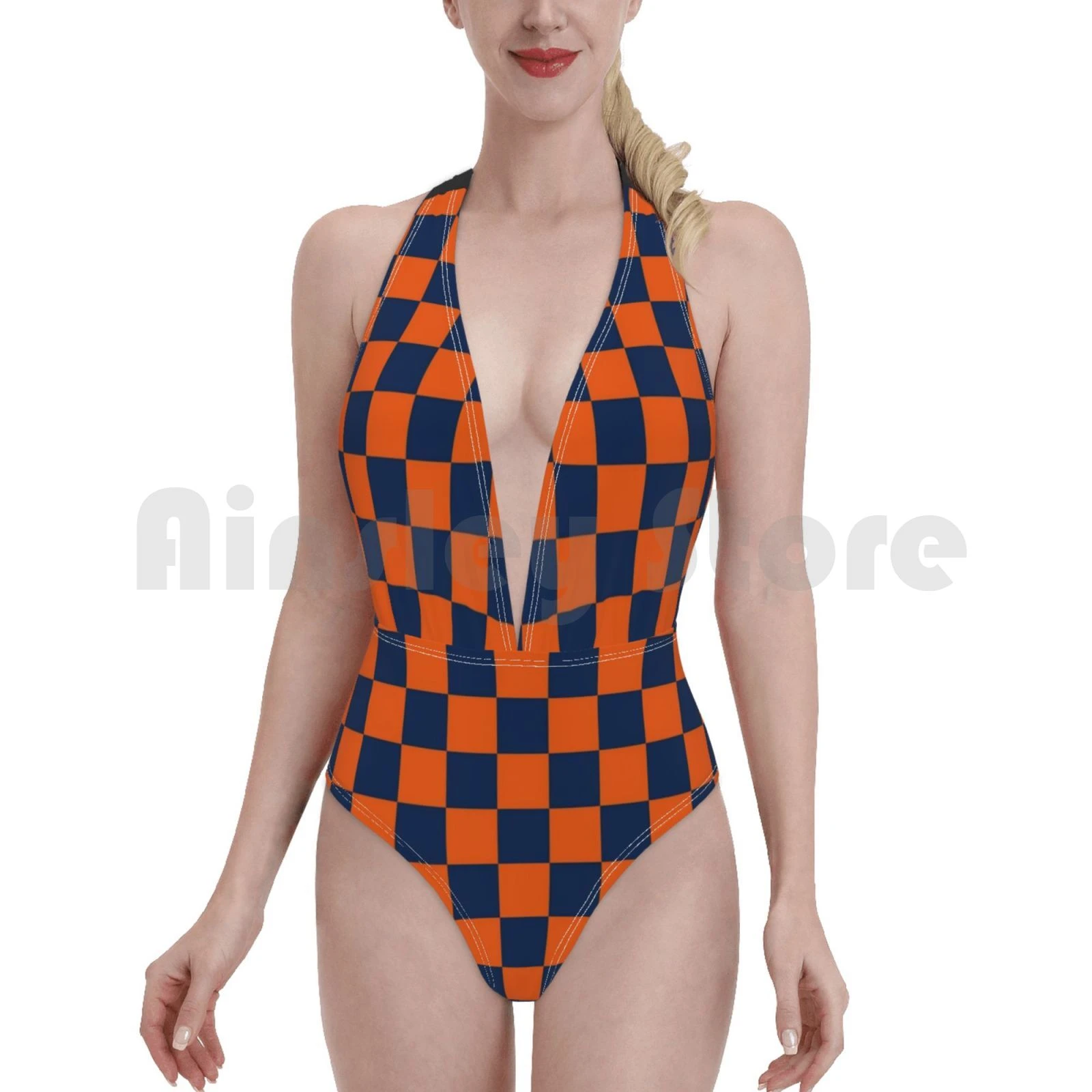 Swimsuit One Piece Orange And Navy Colors Checker Pattern Digital Design 5 Graphics Graphic Design Bikini Set Aliexpress