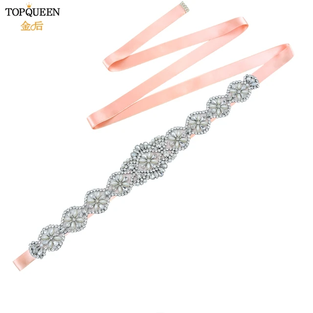 TOPQUEEN S161 Bridal Belts Wedding Women Jewelry Silver Rhinestone Pearl Crystal for Sparkly Party Formal Dress Diamond Sash Vntage Pink