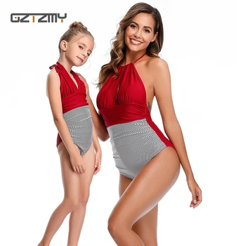 

Swimwear Women 2020 New Halter Swimsuit Parent-child Solid Color Pleated One Piece Backless Swimsuit Stripe Bathing Suit Women