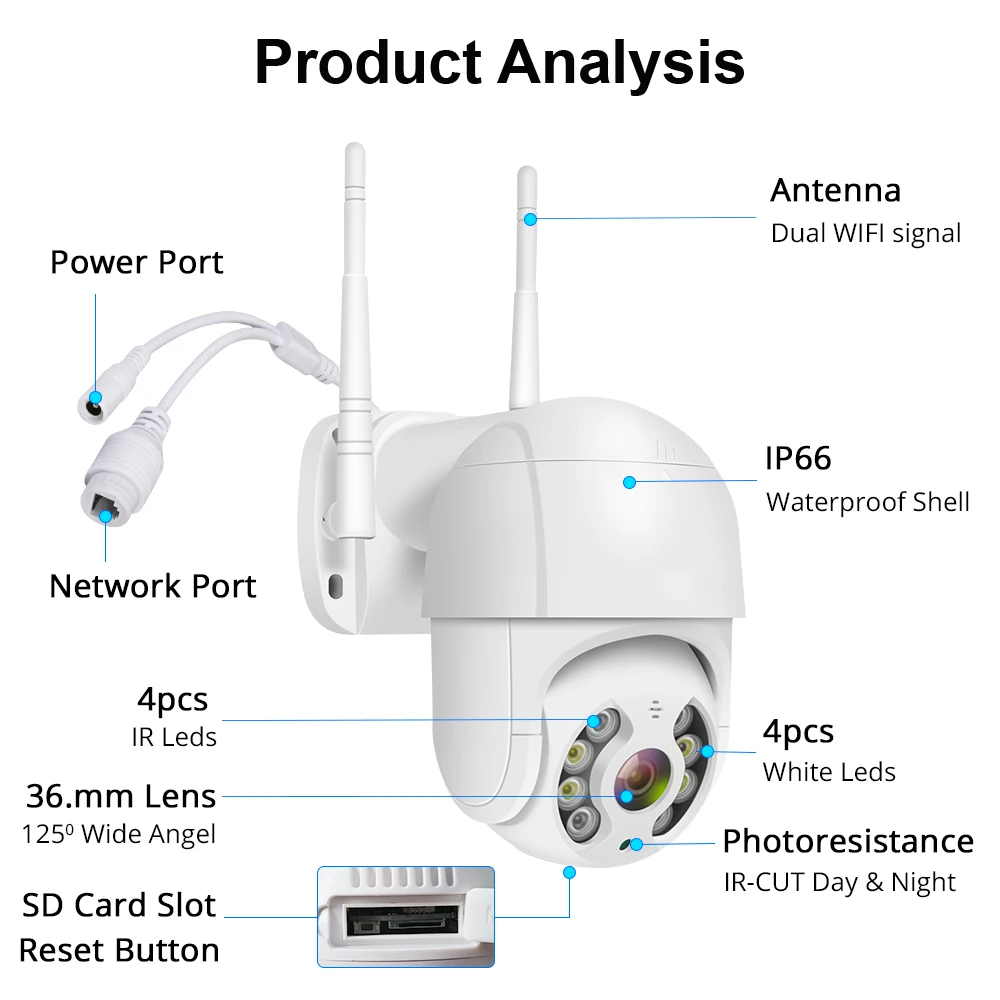 Wi Fi IP PTZ камера 1080P 2MP наружная Водонепроницаемая видеонаблюдения купольная