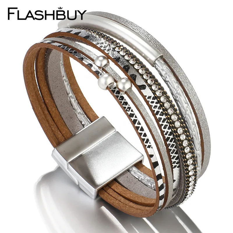 Flashbuy, модные, металлические трубы, амулеты, многослойные кожаные браслеты для женщин, круглые бусины, леопардовые браслеты, женские браслеты в стиле бохо