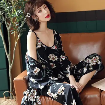 

Women Pajamas Cute Floral Nightwear Long Sleeve 3 Piece Set Sleepwear Spring Summer Artificial Cotton Pijamas Women Pijama Mujer