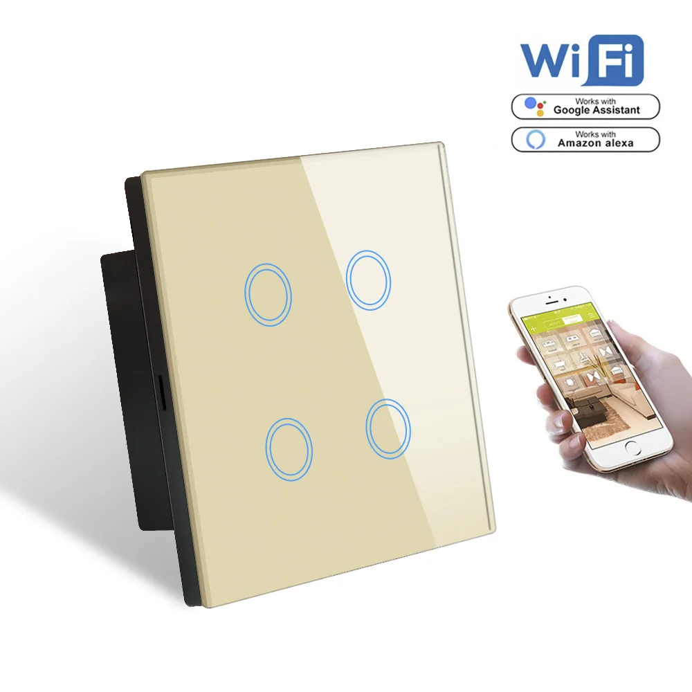 Gold WIFI Switch Стандарт Великобритании wifi смарт-коммутатор 4 комплекта, Alexa Голосовое управление настенный Wifi переключатель 1000 Вт, белая кристальная стеклянная панель 220 В - Цвет: Gold WIFI Switch