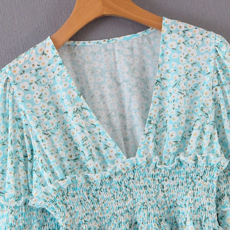 Conmoto Мода Boho Цветочный Принт синие женские короткие топы и блузка женская осень зима фонарь рукав v-образный вырез шифоновая рубашка