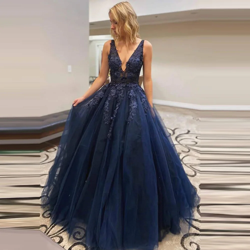 ANGELSBRIDEP-V-Neck-Navy-Blue-Evening-Party-Dresses-Vestidos-de-festa-Fashion-Applique-Floor-Length-Tulle