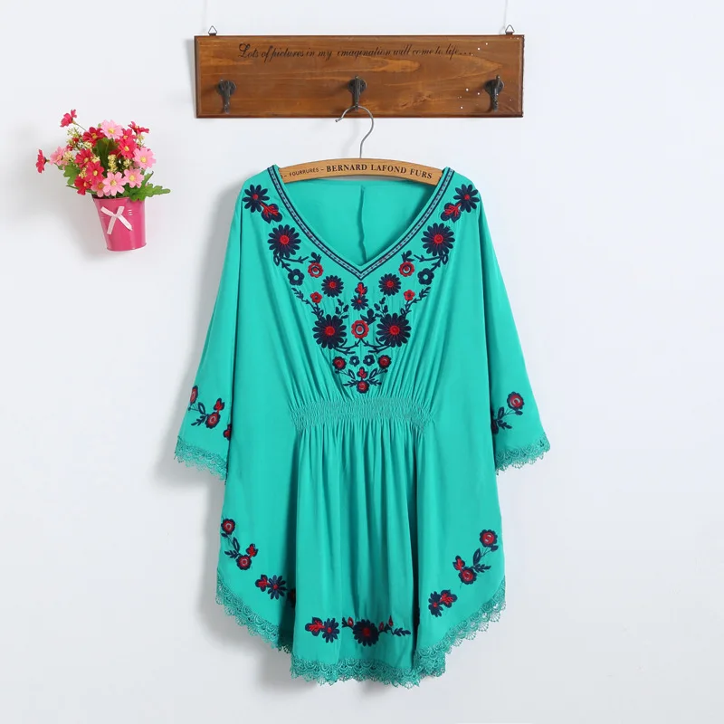 Boho Embroidery Printed Woman Blouses Sexy V Neck Long Sleeve Lace Vintage Shirts Summer Loose Casual Female Long Blouses