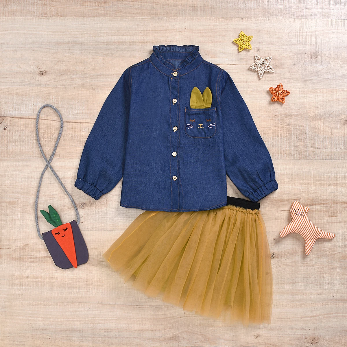 Little Girls Clothing Sets Denim shirt Tutu Skirt 2pcs Pink Princes Children Clothing For Girls Sets Rabbit Carrot Bag