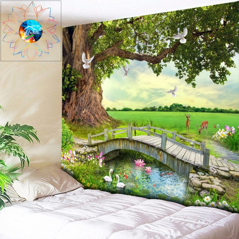 

Ancient Tree 3D Tapestry Wall Hanging Boho Decor Lotus Flower Psychedelic Tapestry LivingRoom Wall Cloth American Pastoral Style