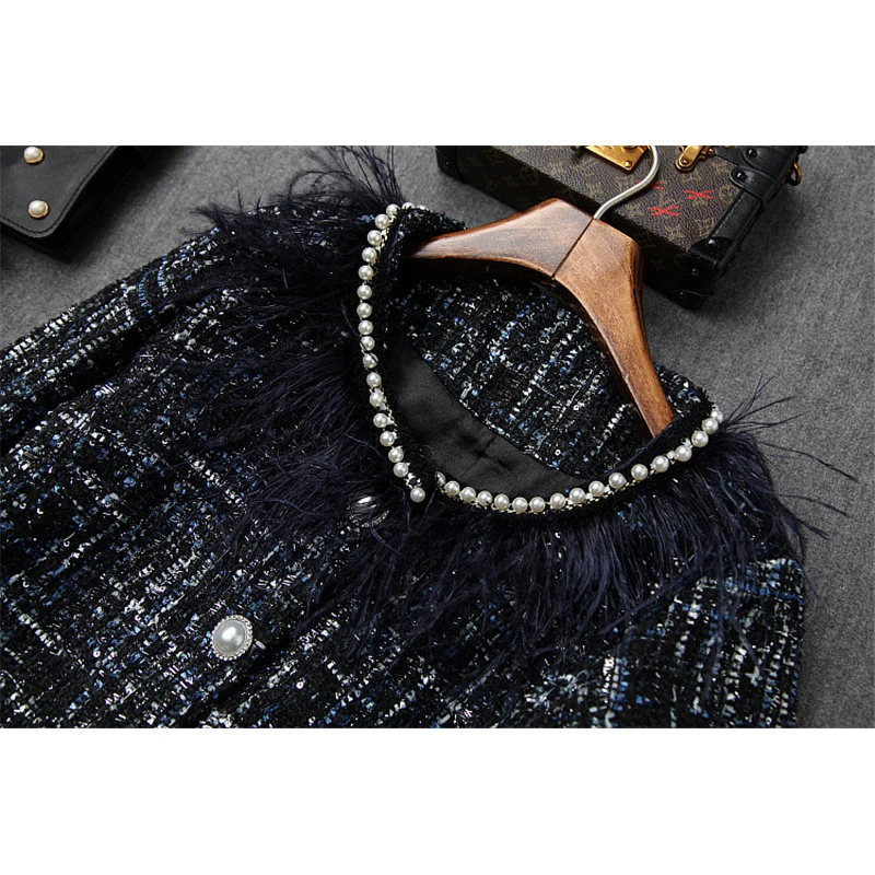 Высококачественная осенне-зимняя дизайнерская юбка с рюшами, комплект из 2 предметов, женская модная винтажная твидовая куртка с кисточками и жемчугом+ юбка котюмы наборы
