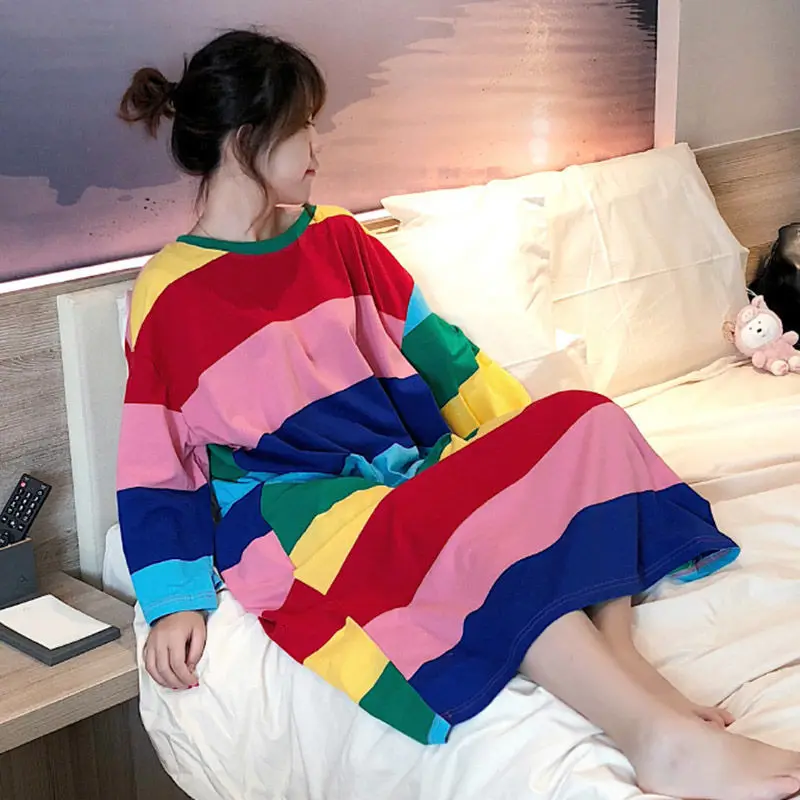 Picturecolor Весенне-зимние женские хлопковые ночные рубашки, ночные рубашки с длинным рукавом, милые животные, полосатые свободные длинные ночные рубашки, одежда для сна, одежда для сна - Цвет: Picturecolor