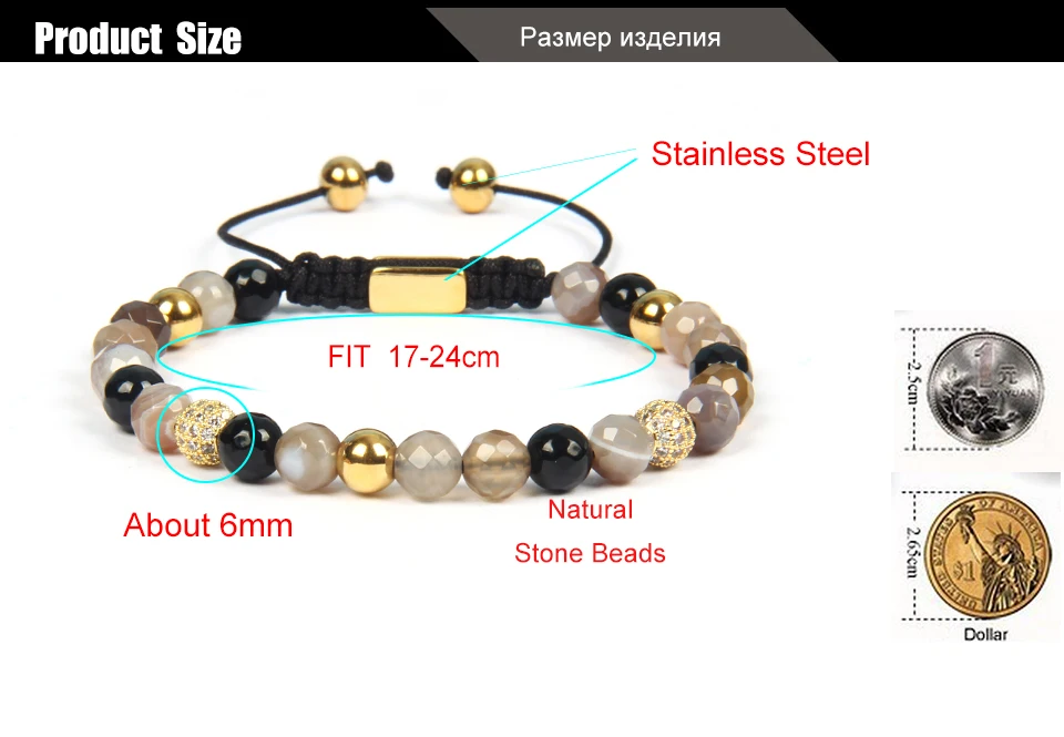 Ailatu 6 мм Гранёные с одной и плоские с другой стороны Ботсвана камень браслет с круглыми бусинами для Для женщин и девочек Нержавеющая сталь логотип ювелирные изделия
