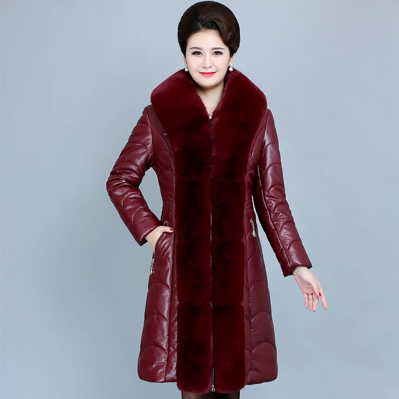 Меховой воротник, зимняя женская меховая кожаная куртка размера плюс 6XL, толстые теплые длинные пальто с капюшоном, зимний пуховик, женские парки для мам - Цвет: Красный