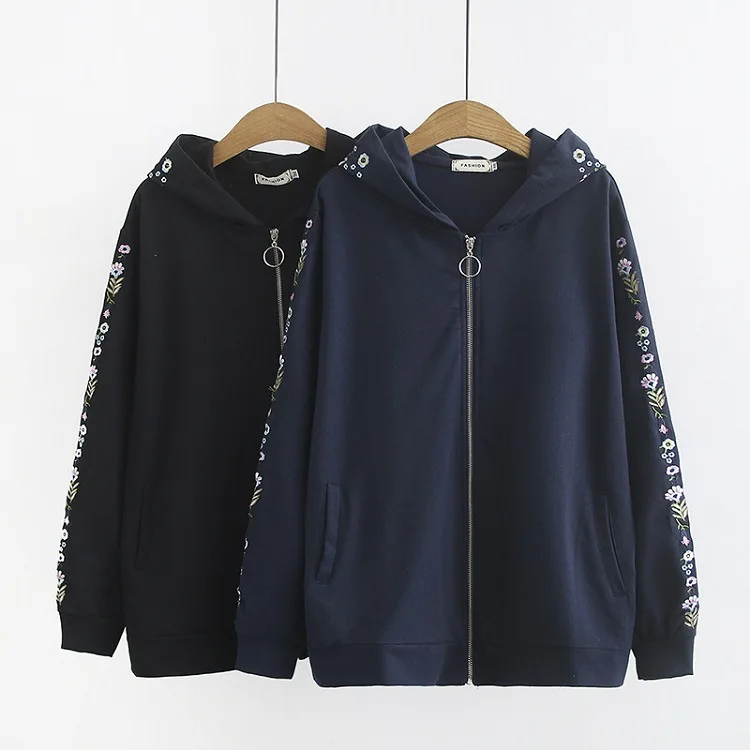 Blvyisla 4XL Этническая Цветочная вышивка Толстовка большая женская осенне-зимняя толстовка с капюшоном пальто на молнии шикарная уличная одежда