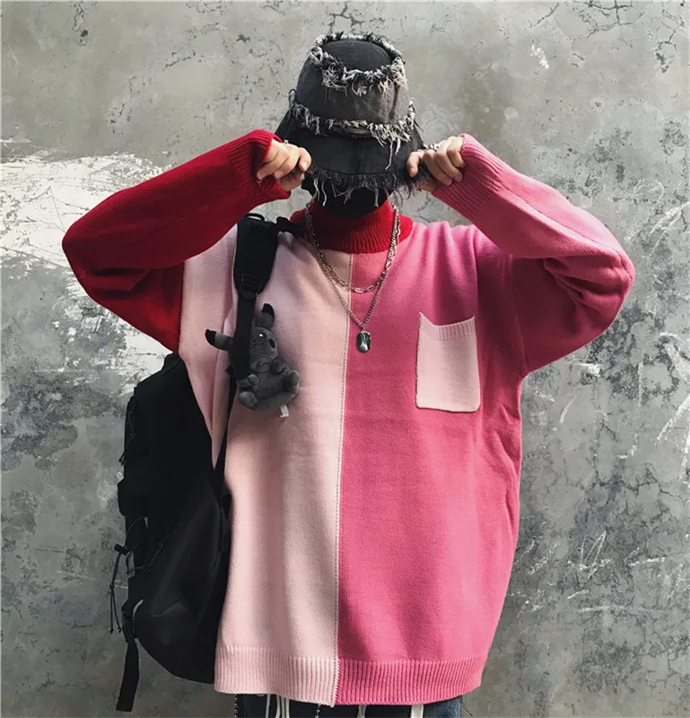 Winter Turtleneck Sweater Men's Warm Fashion Contrast Casual Knit Pullover Men Streetwear Hip Hop Knitting Sweaters Male Clothes