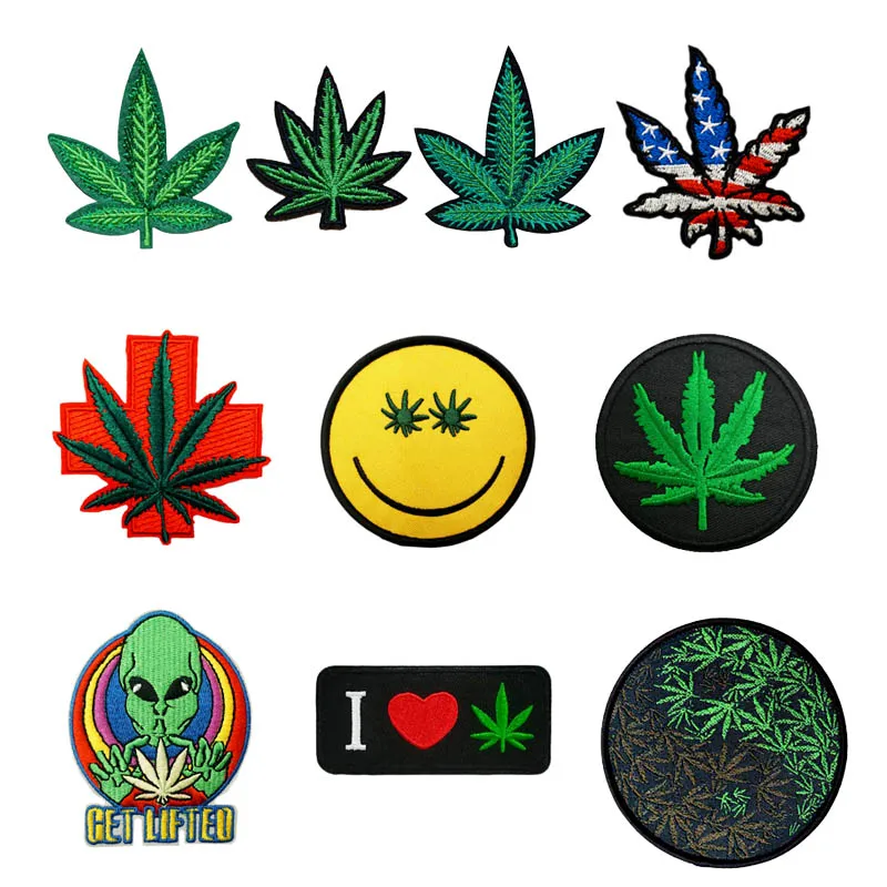 

Stoner Smiley Pot Leaf Face Weed retro boho hippie Face US Flag Alien UFO Embroidered iron on patch