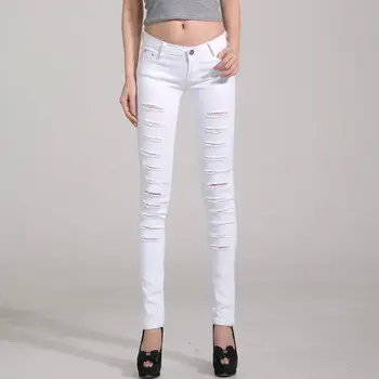 

Women white tight high waist jeans 2020 Spring summer hole jeans Button pocket Leisure High Waist Stretch pencil jeans women