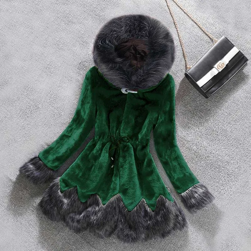 Женское пальто из искусственного меха, элегантное осенне-зимнее плюшевое толстое пальто из меха норки, пальто из искусственного меха с капюшоном - Цвет: Зеленый