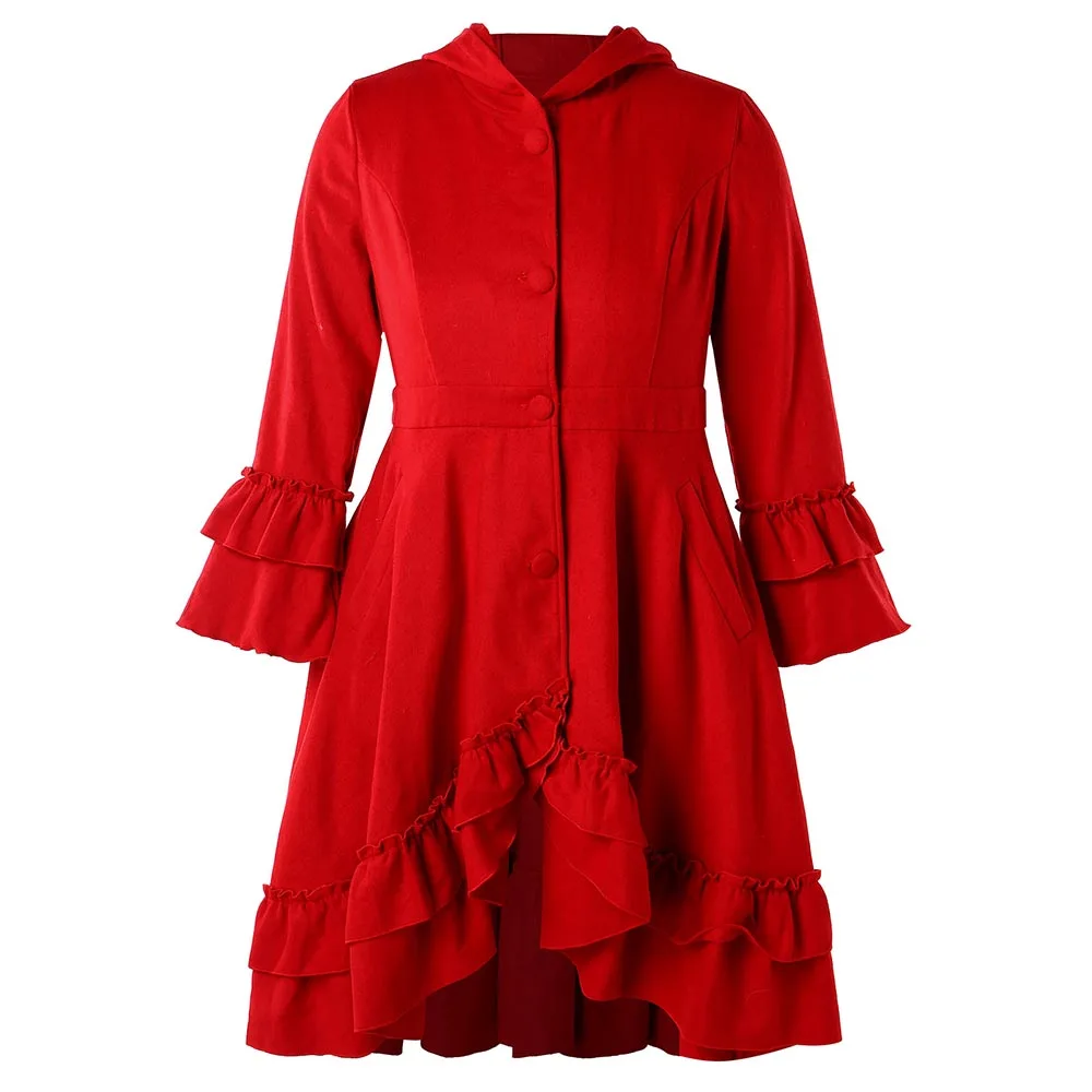 

ROSEGAL Ruffles Plus Size Hooded Coat Women Long Sleeve Single Breasted Overcoat Vintage Solid Jackets 2019 Winter Outwear Coats