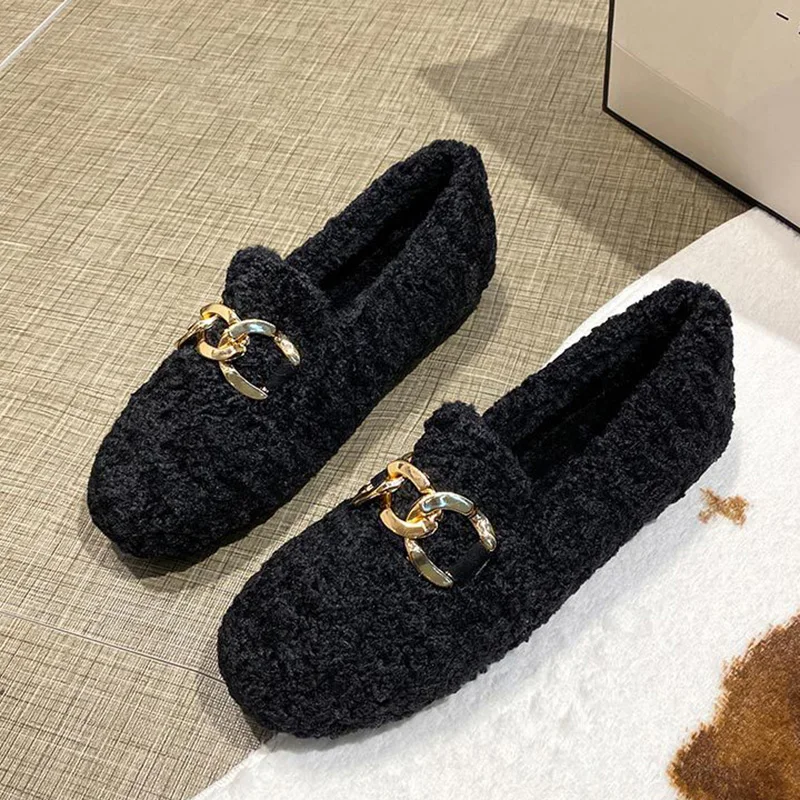Chain Lambswool Flats Moccasins Femme Slip On Plush Winter Ladies Shoes Curly Furry Loafers Women Creepers Zapatos Plus Size 43 5