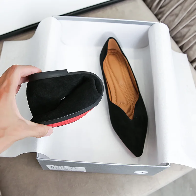 Spring Women Flats Black Pointed Toe Ballet Flats Shallow Boat Shoes Woman Flock Casual Shoes Female Loafers Apricot Pink