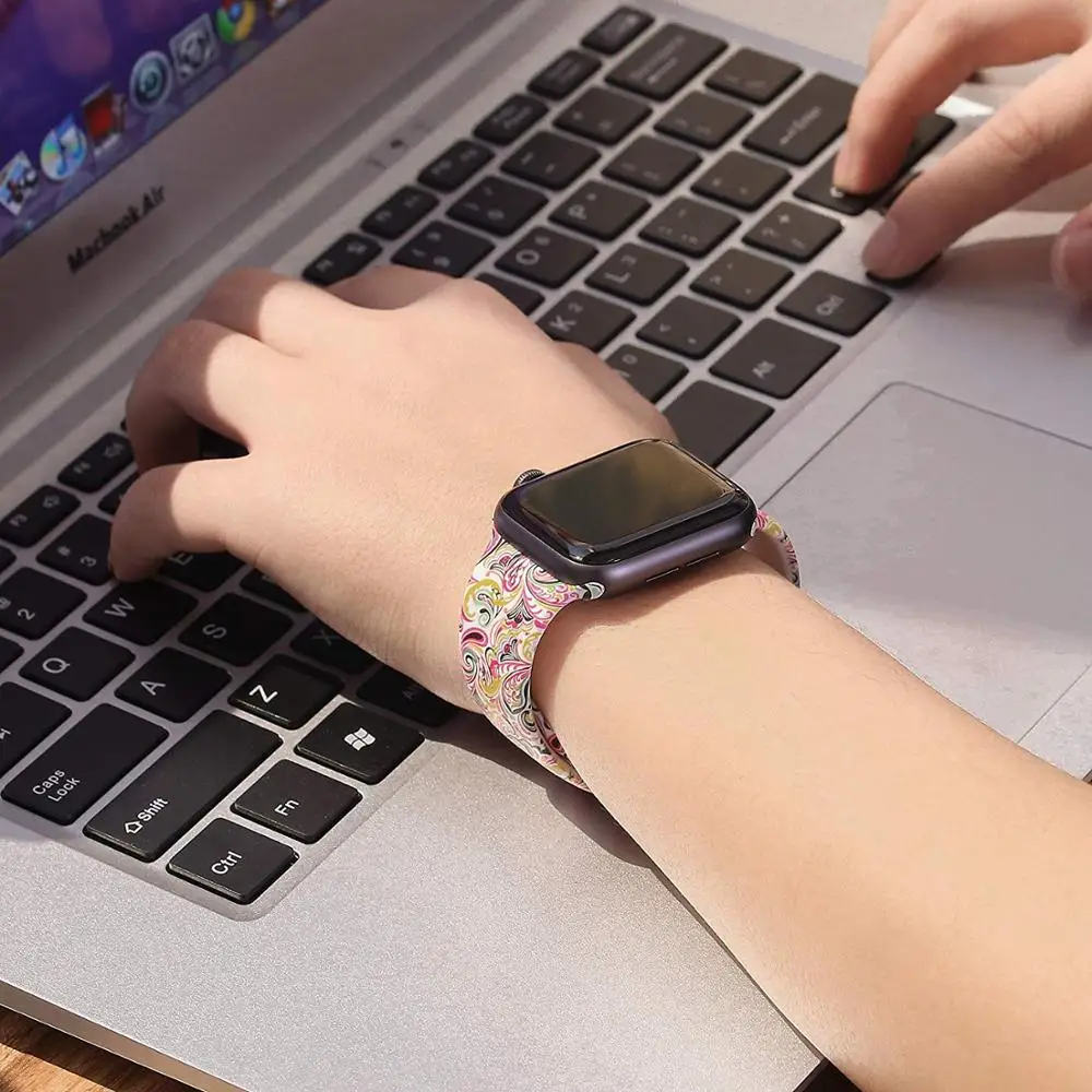 С принтом силиконовый ремешок для Apple watch 38 мм 42 мм Женская спортивная резина браслет ремешок для часов 40 мм 44 мм для iwatch серии 4 3 2 1