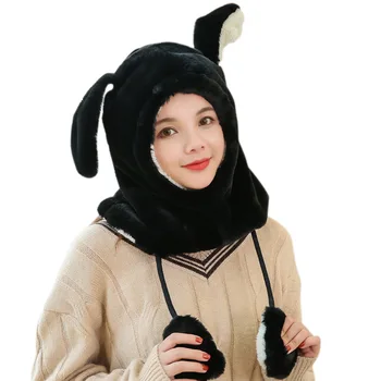 

Winter Knit Hat Neck Warmer Fleece Lined Cap for Women Outdoor Warm Long Rabbit Ear Cap JL