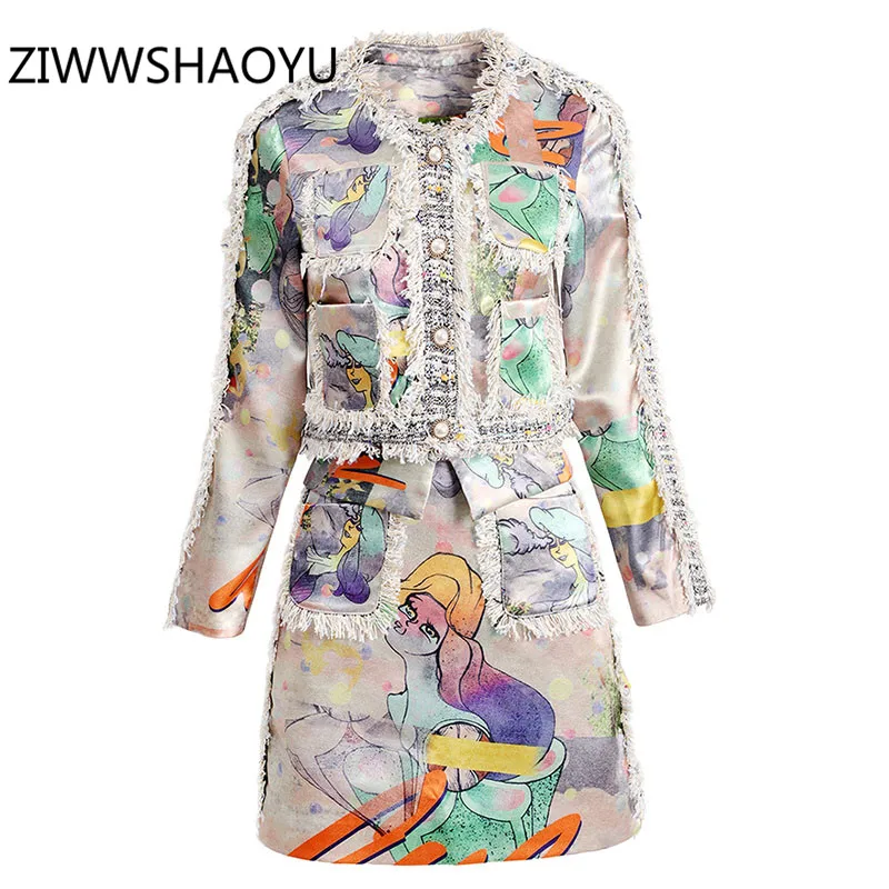 

ZIWWSHAOYU Fashion Women Autumn Winter Runway Two Piece Set Elegant Tweed Splicing Cartoons Print Skirt Suit 2020 New