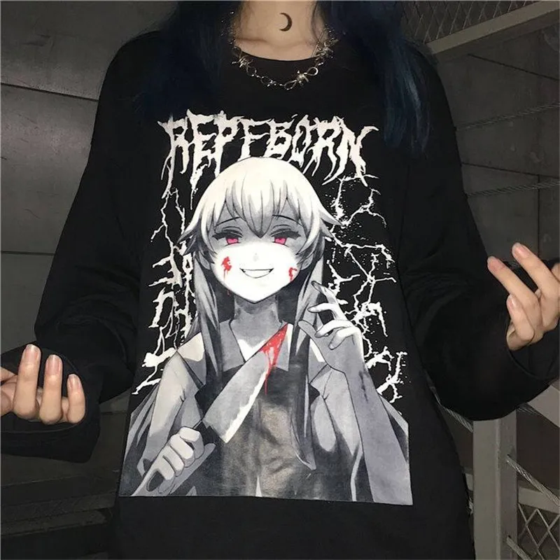Comprar Gótico Punk mujeres negro camisetas otoño mujeres tapas Harajuku Cool Japón camiseta femenina otoño manga larga Camisetas pulóver
