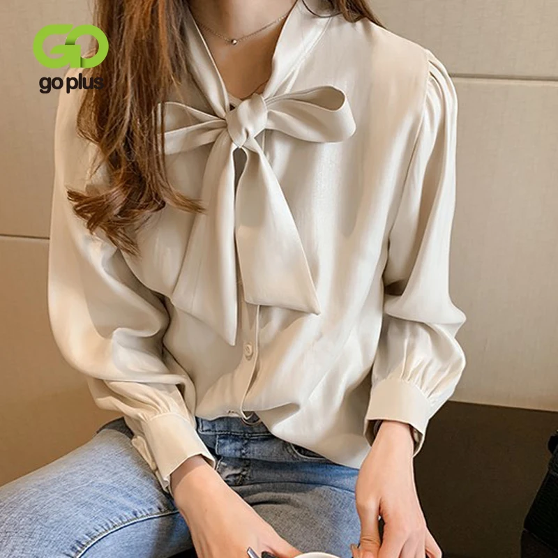 Женская блузка GOPLUS Весенняя шифоновая Свободная блуза с длинным рукавом и бантом