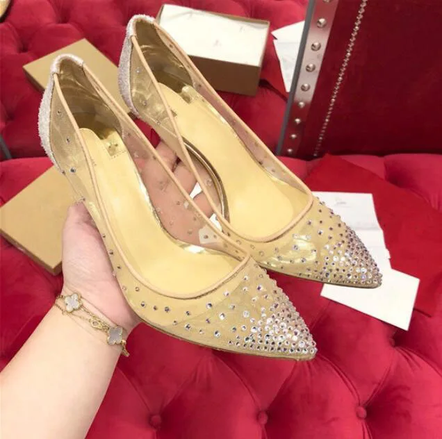 

2019 new spring summer Elegant styles women shoes Rhinestone high heels crystals pointed toe mesh Pumps woman wedding shoes