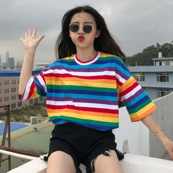 

Summer Woman T Shirt Rainbow tshirt Striped Print Half Sleeves T-shirts Sweet Female Casual Tops Women's Fashion O Neck Tees