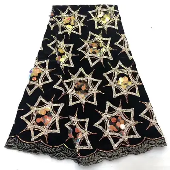 

2019 Latest leaf design Handcut organza velvet lace gold black African Swiss lace fabric with Sequins for party dress 5 yards