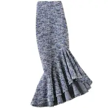 Небольшой аромат твид шерстяная труба юбка Женская высокая талия пакет бедра оборками русалка юбка размера плюс 4XL