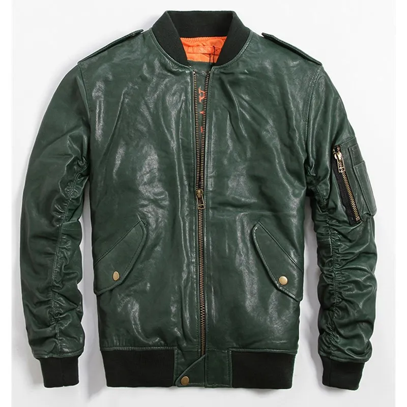Мужская зеленая кожаная куртка в стиле милитари, большой размер XXXXXXL, натуральная овчина, американский USAF, Авиатор, кожаная куртка