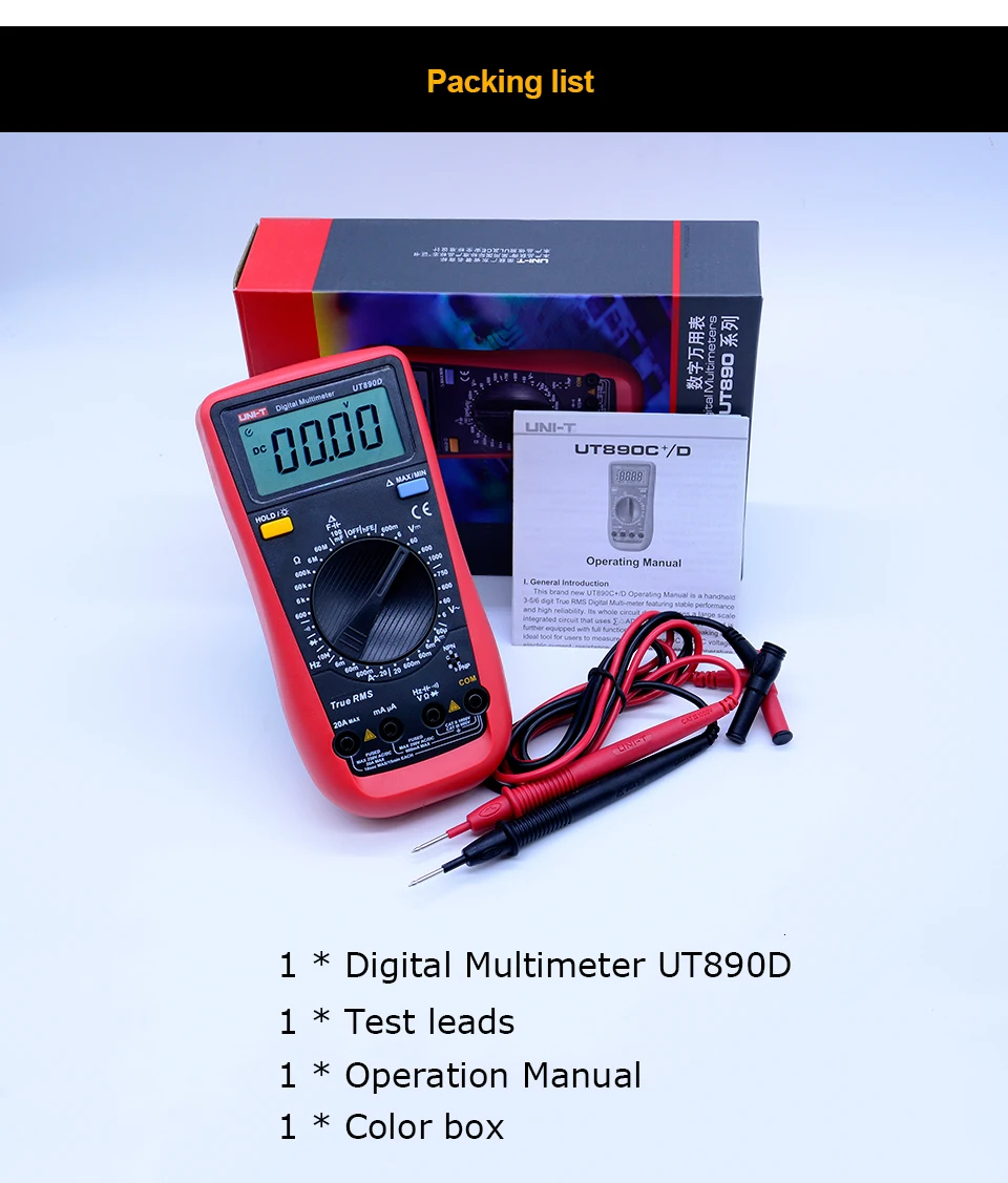 UT890D True RMS цифровой мультиметр Ручной тестер емкость DC AC Напряжение Амперметр частота hFE светодиодный Диод тестирование
