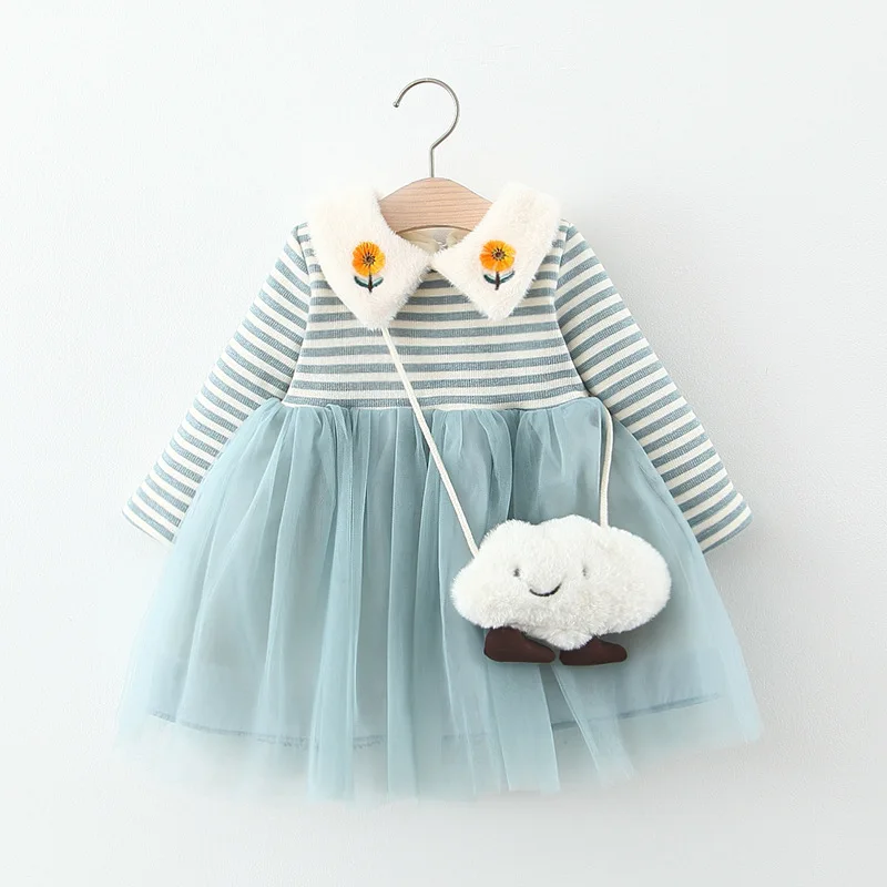 Новинка года; милое Сетчатое платье принцессы в полоску с цветочным рисунком и сумочкой для маленьких девочек детская зимняя одежда для детей 1-3 лет